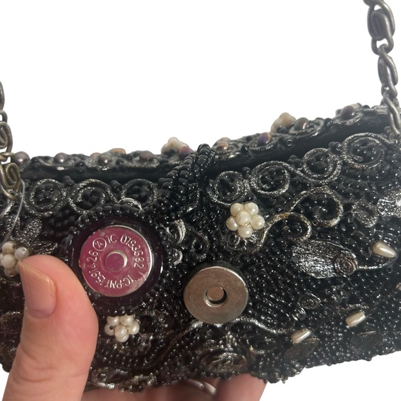 Mary Frances Black Beaded Pearl Rhinestone Silver Evening Shoulder Bag EC - Picture 7 of 16